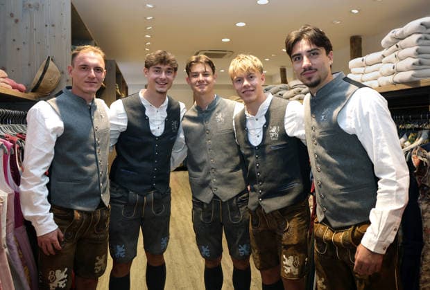 Soccer, Men s, Oktoberfest Outfits, 2026–2027 Season, TSV 1860 Munich, Traditional Outfits by Angermaier: Stefan Musa (TSV 1860 Munich) with Noah Klose (TSV 1860 Munich) and Raphael Ott (TSV 1860 Munich), Fabio Wagner of TSV 1860 Munich and Cristian Leone of TSV 1860 Munich, from left to right, in traditional attire and lederhosen