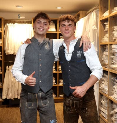 Soccer, Men s, Oktoberfest Outfits, 2026–2027 Season, TSV 1860 Munich, Angermaier Traditional Attire: Emre Erdogan of TSV 1860 Munich (left) with Julian Bell of TSV 1860 Munich (right) in traditional attire, Lederhosen
