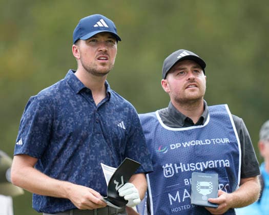 SUTTON COLDFIELD, ENGLAND - AUG 26: Richard Mansell (ENG) and his caddie check his yardage during the Pro-Am at the 2026 Husqvarna British Masters at The Belfry, Sutton Coalfield on August 26, 2026 in Warwickshire, England The 2026 Husqvarna British Masters