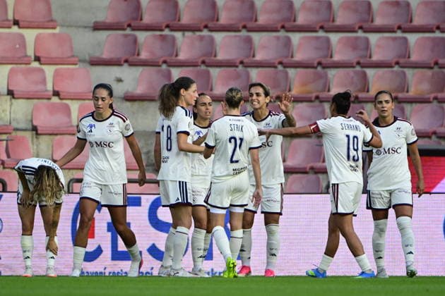 Servette FC Geneva players celebrate a goal during the UEFA Women s Champions League, third qualifying round, opening match: AC Sparta Praha vs Servette FC Geneva, in Prague, Czech Republic, on August 26, 202 (CTKxPhoto VitxSimanek) CTKPhotoP2026082606489  CTKPhotoP2026082606489