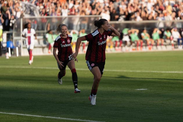 August 26, 2026, xhfmx, Soccer, UEFA Women s Champions League Qualifying Round 3, Eintracht Frankfurt Women vs. Paris Saint-Germain Women, Larissa Mühlhaus (Eintracht Frankfurt), 47, celebrates her goal to make it 1–0 against Paris; Goal, Celebration, Frankfurt