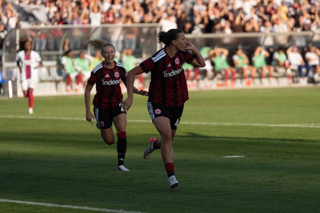August 26, 2026, xhfmx, Soccer, UEFA Women s Champions League Qualifying Round 3, Eintracht Frankfurt Women vs. Paris Saint-Germain Women, Larissa Mühlhaus (Eintracht Frankfurt), 47, celebrates her goal to make it 1–0 against Paris; Goal, Celebration, Frankfurt