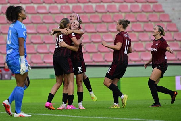 AC Sparta Praha players celebrate a goal during the UEFA Women s Champions League, third qualifying round, opening match: AC Sparta Praha vs Servette FC Geneva, in Prague, Czech Republic, on August 26, 202 (CTKxPhoto VitxSimanek) CTKPhotoP2026082606673  CTKPhotoP2026082606673
