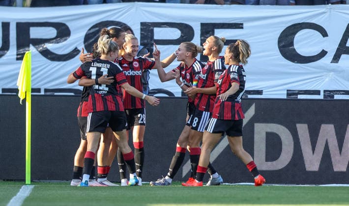 GER, Frankfurt, Eintracht Frankfurt vs. Paris Saint-Germain, UEFA Women s Champions League, Soccer, UEFA, 2026–2027 Season, Stadion am Brentanobad, 3rd Qualifying Round, First Leg (Photo: Larissa Mühlhaus, Eintracht Frankfurt Women 47), Goal, Celebration and Joy, Emotions. DFB and DFL regulations prohibit any use of photographs as image sequences and or quasi-video. August 26, 2026 Copyright: HMBxMedia HendrikxHamelau