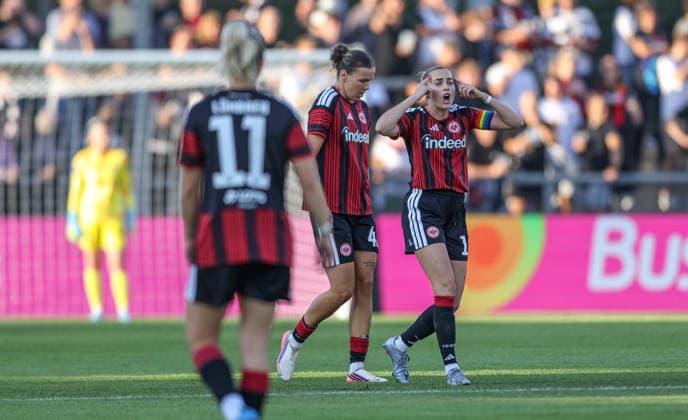 GER, Frankfurt, Eintracht Frankfurt vs. Paris Saint-Germain, UEFA Women s Champions League, Soccer, UEFA, 2026–2027 Season, Stadion am Brentanobad, 3rd Qualifying Round, First leg photo: Laura Freigang, Eintracht Frankfurt Women’s Team No. 10, thinking, celebrating after a goal. DFB and DFL regulations prohibit any use of photographs as image sequences and or quasi-video. August 26, 2026 Copyright: HMBxMedia HendrikxHamelau