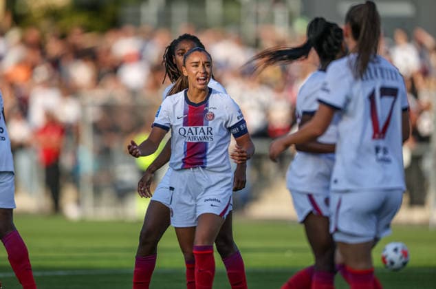 GER, Frankfurt, Eintracht Frankfurt vs. Paris Saint-Germain, UEFA Women s Champions League, Soccer, UEFA, 2026–2027 Season, Stadion am Brentanobad, 3rd Qualifying Round, First Leg: Naomie Feller of Paris Saint-Germain Women s U-18 Team, goal scored, Celebration and joy, emotions with Sakina Karchaoui, Paris Saint-Germain Women’s Team No. 7. DFB and DFL regulations prohibit any use of photographs as image sequences and or quasi-video. August 26, 2026 Copyright: HMBxMedia HendrikxHamelau