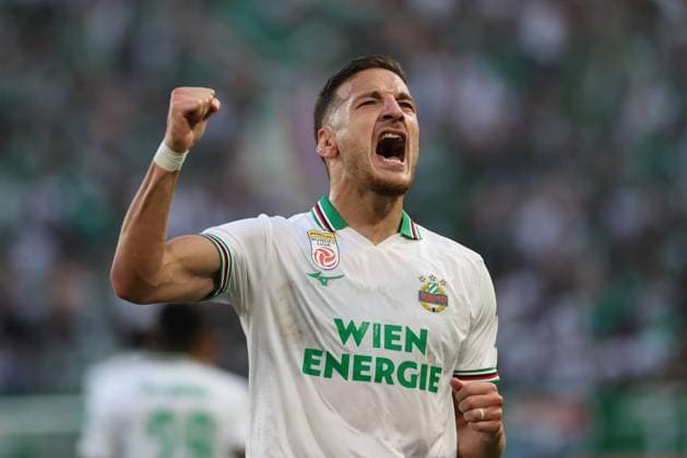 26.August.2026 - SOCCER - 2026 27 UEFA Conference League Play-offs, 2nd Leg, SK Rapid Wien vs Heart of Midlothian FC Ercan Kara (Rapid Wien) celebrates his team s first goal VIENNA VIENNA, AUSTRIA Allianz Stadion SK Rapid Wien Allianz Stadion AUSTRIA Copyright: xYigitxOermex xPsxImagesxYigitxOermex xPsxImagesx