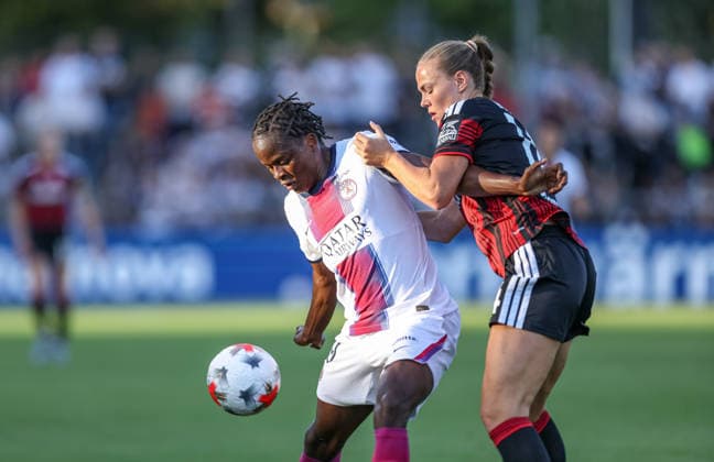 GER, Frankfurt, Eintracht Frankfurt vs. Paris Saint-Germain, UEFA Women s Champions League, Soccer, UEFA, 2026–2027 Season, Stadion am Brentanobad, 3rd Qualifying Round, First Leg (pictured, from left): Merveille Kanjinga, Paris Saint-Germain Women s U-19, Marthine Östenstad, Eintracht Frankfurt Women’s Team, age 16. DFB and DFL regulations prohibit any use of photographs as image sequences and or quasi-video. August 26, 2026 Copyright: HMBxMedia HendrikxHamelau