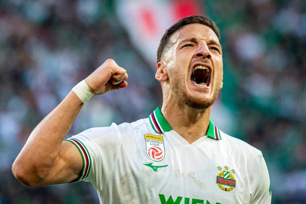 SOCCER - UEFA ECL, Rapid vs Hearts VIENNA,AUSTRIA,26.AUG.26 - SOCCER - UEFA Conference League, play-off, SK Rapid Wien vs Heart of Midlothian FC. Image shows the rejoicing of Ercan Kara (Rapid).  GEPAxpictures xKevinxHackner