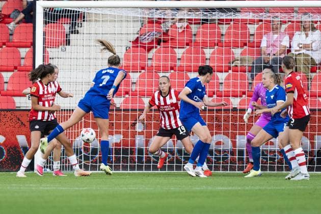 EINDHOVEN , 26-08-2026 , de Herdgang Stadium , Champions League women , knockout phase match 1 of 2 , season 2026 2027 , PSV - HB Koge , picture shows HB Koge women player Kyra Carusa scores the 0-1 PSV - HB Koge (women)  x206067506x Copyright: