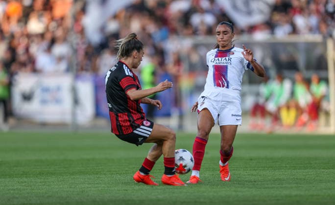 GER, Frankfurt, Eintracht Frankfurt vs. Paris Saint-Germain, UEFA Women’s Champions League, Soccer, UEFA, 2026–2027 Season, Stadion am Brentanobad, 3rd Qualifying Round, First Leg: Pictured from left: Ereleta Memeti, Eintracht Frankfurt Women’s Team 7, Sakina Karchaoui, Paris Saint-Germain Women 7. DFB and DFL regulations prohibit any use of photographs as image sequences and or quasi-video. August 26, 2026 Copyright: HMBxMedia HendrikxHamelau