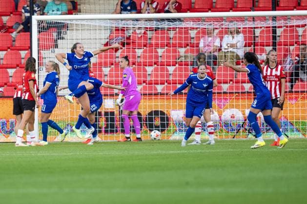 EINDHOVEN , 26-08-2026 , de Herdgang Stadium , Champions League women , knockout phase match 1 of 2 , season 2026 2027 , PSV - HB Koge , picture shows HB Koge celebrates the 1-0 PSV - HB Koge (women)  x206067529x Copyright: