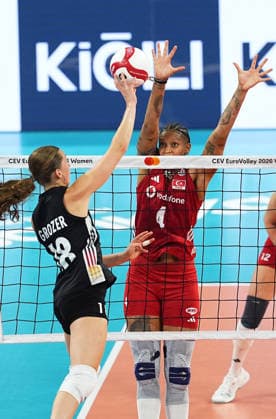 Turkiye v Germany - CEV EuroVolley 2026 ISTANBUL, TURKIYE - AUGUST 26: Melissa Teresa Vargas (4) of Turkiye in action against Leana Grozer (18) of Germany during the CEV EuroVolley 2026 Women Group A match between Turkiye and Germany at Sinan Erdem Sports Hall, on August 26, 2026, in Istanbul, Turkiye. Esra Bilgin Anadolu Istanbul Turkey. Editorial use only. Please get in touch for any other usage.  Copyright: x2026xAnadoluxEsraxBilginx
