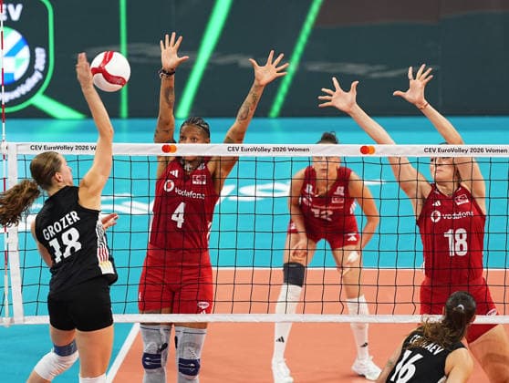 Turkiye v Germany - CEV EuroVolley 2026 ISTANBUL, TURKIYE - AUGUST 26: Melissa Teresa Vargas (4) of Turkiye in action against Leana Grozer (18) of Germany during the CEV EuroVolley 2026 Women Group A match between Turkiye and Germany at Sinan Erdem Sports Hall, on August 26, 2026, in Istanbul, Turkiye. Esra Bilgin Anadolu Istanbul Turkey. Editorial use only. Please get in touch for any other usage.  Copyright: x2026xAnadoluxEsraxBilginx