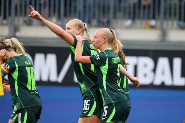 Wolfsburg, Germany, August 26, 2026—Champions League Qualifying Round, First Leg: VfL Wolfsburg Women vs. Inter Milan Women. Pictured, from left: Goal scorer Camilla Küver (Kuever) of Wolfsburg scores the goal to make it 2–0 for Wolfsburg and celebrates with Ella Peddemors of Wolfsburg. Copyright: HMBxMedia MadeleinexFantini