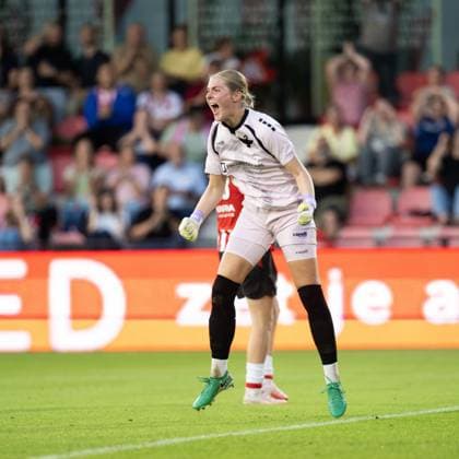 EINDHOVEN , 26-08-2026 , de Herdgang Stadium , Champions League women , knockout phase match 1 of 2 , season 2026 2027 , PSV - HB Koge , picture shows HB Koge women goalkeeper Alberte Vingum happy with a save PSV - HB Koge (women)  x206068451x Copyright: