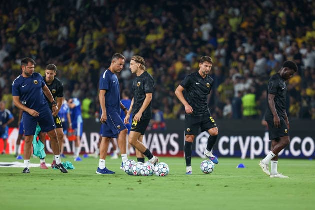 AEK Athens v PFC Levski Sofia UEFA Champions League AEK Athens warm up during the UEFA Champions League Play-Off Second Leg match at AEK Arena, Athens 26 08 2026 UK Newspapers OUT Copyright: xYannisxHalasx FIL-23829-0029