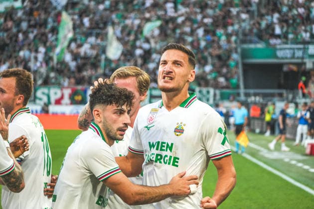 Soccer Austria UEFA Conference League 2026–2027 Playoffs Second Leg, August 26, 2026 SK Rapid Vienna (Austria) vs. Heart of Midlothian FC (Hearts) (Scotland) Weststadion, Vienna, Austria Ercan Kara of SK Rapid Vienna celebrates after scoring the 1–0 goal, Goal celebration Copyright: xLukasxBierederx