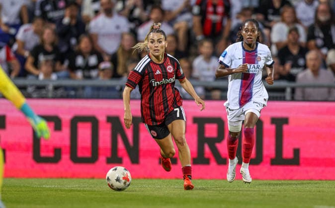 GER, Frankfurt, Eintracht Frankfurt vs. Paris Saint-Germain, UEFA Women’s Champions League, Soccer, UEFA, 2026–2027 Season, Stadion am Brentanobad, 3rd Qualifying Round, First Leg: Photo of Ereleta Memeti, Eintracht Frankfurt Women’s Team No. 7, heading toward the goal. DFB and DFL regulations prohibit any use of photographs as image sequences and or quasi-video. August 26, 2026 Copyright: HMBxMedia HendrikxHamelau
