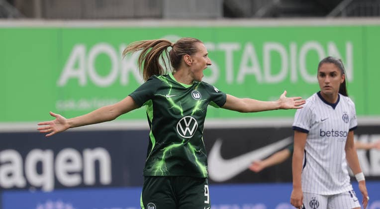 Lara Prasnikar of VfL Wolfsburg celebrates; Soccer, Women s, 2026–2027 Season, Women s Champions League Qualifying, Round 3, VfL Wolfsburg vs. Inter Milan, 2–0