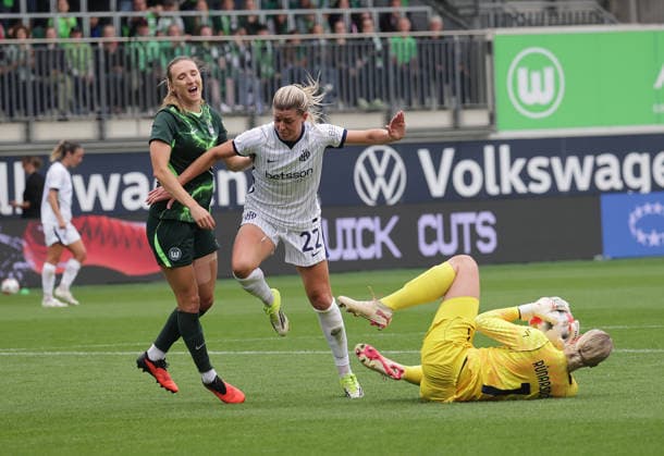 Lara Prasnikar (VfL Wolfsburg), Olivia Schough (Inter Milan), Cecilia Ran Runarsdottir (Inter Milan) — Soccer, Women s, 2026–2027 Season, Women s Champions League Qualifying Round 3, VfL Wolfsburg vs. Inter Milan, 2–0