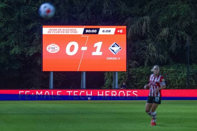 EINDHOVEN , 26-08-2026 , de Herdgang Stadium , Champions League women , knockout phase match 1 of 2 , season 2026 2027 , PSV - HB Koge , picture shows scoreboard after end of match PSV - HB Koge (women)  x206069040x Copyright: