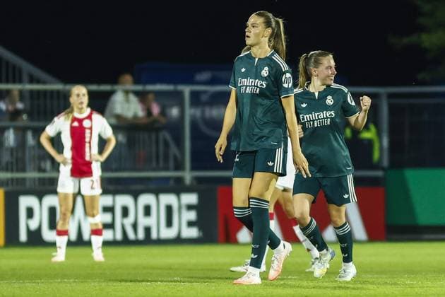 AMSTERDAM , 26-08-2026, Sportcomplex De Toekomst , Champions League Women , football , Third qualifying round 1st leg season 2026 2027 , match between Ajax and Real Madrid (women) , picture shows Real Madrid player Janou Levels scores 0-2 for Real Madrid Ajax - Real Madrid (women)  x206069323x Copyright: