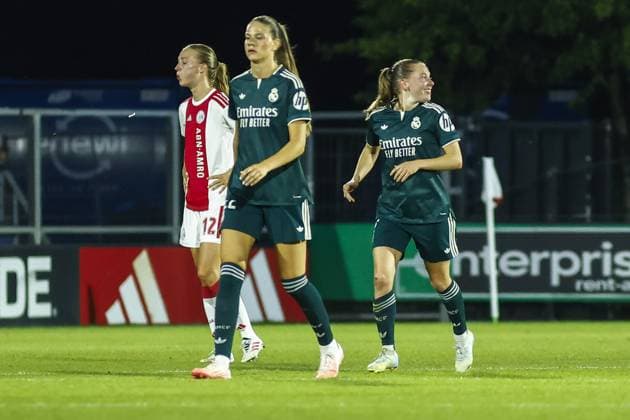 AMSTERDAM , 26-08-2026, Sportcomplex De Toekomst , Champions League Women , football , Third qualifying round 1st leg season 2026 2027 , match between Ajax and Real Madrid (women) , picture shows Real Madrid player Janou Levels scores 0-2 for Real Madrid Ajax - Real Madrid (women)  x206069328x Copyright: