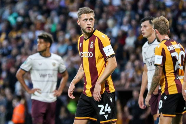 BRADFORD, ENGLAND - AUGUST 26: Will Swan of Bradford City during the Carabao Cup match between Bradford City and Burnley at Valley Parade on August 26, 2026 in Bradford, England. Copyright: xSeanxChandlerx xSPPx Sportspressphoto_SPR216359