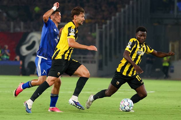 AEK Athens v PFC Levski Sofia UEFA Champions League Filipe Relvas and Aboubakary Koita of AEK Athens in action during the UEFA Champions League Play-Off Second Leg match at AEK Arena, Athens 26 08 2026 UK Newspapers OUT Copyright: xYannisxHalasx FIL-23829-0030