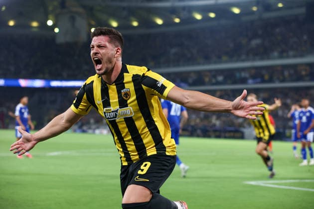 AEK Athens v PFC Levski Sofia UEFA Champions League Luka Jovic of AEK Athens celebrates scoring AEK s first goal during the UEFA Champions League Play-Off Second Leg match at AEK Arena, Athens 26 08 2026 UK Newspapers OUT Copyright: xYannisxHalasx FIL-23829-0038