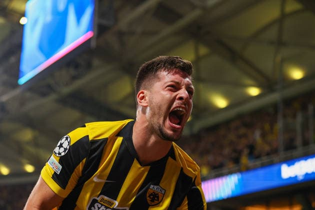 AEK Athens v PFC Levski Sofia UEFA Champions League Luka Jovic of AEK Athens celebrates scoring AEK s first goal during the UEFA Champions League Play-Off Second Leg match at AEK Arena, Athens 26 08 2026 UK Newspapers OUT Copyright: xYannisxHalasx FIL-23829-0041