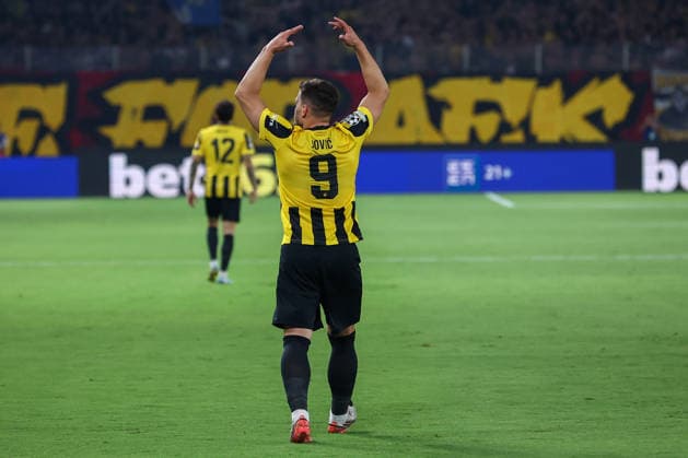 AEK Athens v PFC Levski Sofia UEFA Champions League Luka Jovic of AEK Athens celebrates scoring AEK s first goal during the UEFA Champions League Play-Off Second Leg match at AEK Arena, Athens 26 08 2026 UK Newspapers OUT Copyright: xYannisxHalasx FIL-23829-0043