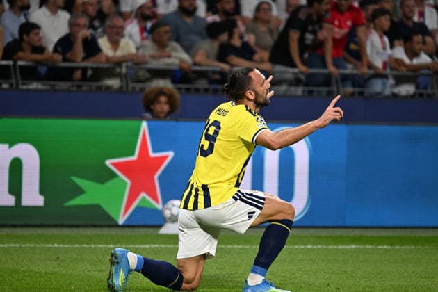 Football : Olympique Lyonnais v Fenerbahce SK - UEFA Champions League, Play-offs - 26 08 2026 VEDAT Muriqi of Fenerbahce SK scoring goal during the UEFA Champions League, Play-offs, second leg football match between Olympique Lyonnais and Fenerbahce SK at Groupama Stadium Decines Charpieu Lyon France on August 26 2026 LYONFrance  Copyright: xMouradxAllilix