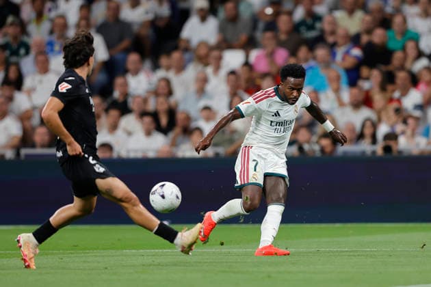 Vinicius Jr. of Real Madrid CF controls the ball during the LaLiga EA Sports match between Real Madrid CF and Real Sociedad de Fútbol at Estadio Santiago Bernabéu on August 26, 2026, in Madrid, Spain. Photo by Manu Reino, DeFodi Images