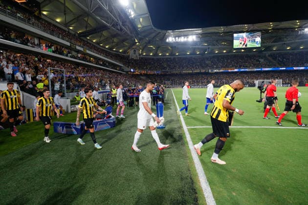 AEK Athens v PFC Levski Sofia UEFA Champions League AEK Athens and PFC Levski Sofia players enter the pitch during the UEFA Champions League Play-Off Second Leg match at AEK Arena, Athens 26 08 2026 UK Newspapers OUT Copyright: xYannisxHalasx FIL-23829-0048