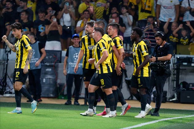AEK Athens v PFC Levski Sofia UEFA Champions League Barnabás Varga of AEK Athens and his team mates celebrate a goal during the UEFA Champions League Play-Off Second Leg match at AEK Arena, Athens 26 08 2026 UK Newspapers OUT Copyright: xYannisxHalasx FIL-23829-0053