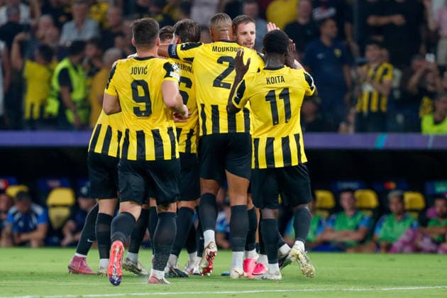 AEK Athens v PFC Levski Sofia UEFA Champions League Barnabás Varga of AEK Athens celebrates his second goal of the match during the UEFA Champions League Play-Off Second Leg match at AEK Arena, Athens 26 08 2026 UK Newspapers OUT Copyright: xYannisxHalasx FIL-23829-0058