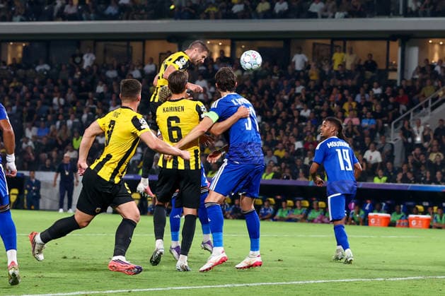 AEK Athens v PFC Levski Sofia UEFA Champions League Barnabás Varga of AEK Athens heads the ball to score a goal during the UEFA Champions League Play-Off Second Leg match at AEK Arena, Athens 26 08 2026 UK Newspapers OUT Copyright: xYannisxHalasx FIL-23829-0061