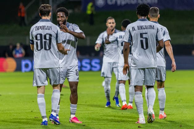 Team SK Slovan Bratislava seen celebrating a goal during UEFA Champions league second leg play-off game between teams of SK Slovan Bratislava and Celje (Dominika Kortvelyesiova Ball Raw Images) Celje Stadion Celje Slovenia Copyright: xDominikaxKortvelyesiovax DKOR3735