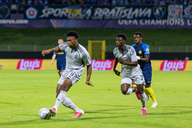Suleiman Camara of SK Slovan Bratislava and Rahim Ibrahim of SK Slovan Bratislava seen during UEFA Champions league second leg play-off game between teams of SK Slovan Bratislava and Celje (Dominika Kortvelyesiova Ball Raw Images) Celje Stadion Celje Slovenia Copyright: xDominikaxKortvelyesiovax DKOR3563