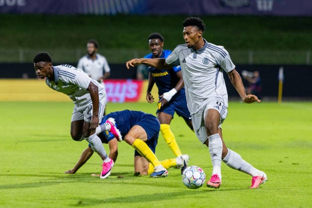Suleiman Camara of SK Slovan Bratislava and Rahim Ibrahim of SK Slovan Bratislava seen during UEFA Champions league second leg play-off game between teams of SK Slovan Bratislava and Celje (Dominika Kortvelyesiova Ball Raw Images) Celje Stadion Celje Slovenia Copyright: xDominikaxKortvelyesiovax DKOR3560