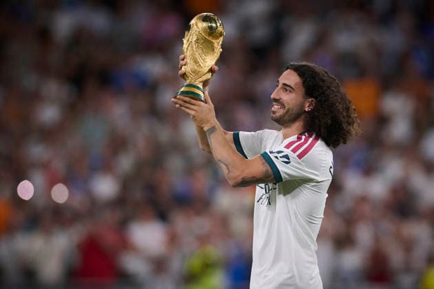 REAL MADRID CF v REAL SOCIEDAD. LA LIGA 2026 2027. ROUND 1. Real Madrid CF™s Marc Cucurella with the World Cup trophy during La Liga match. August 26 ,2026. (ALTERPHOTOS Ropero) MadridSpain  Copyright: xRoperox