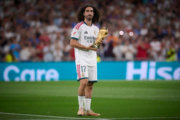 REAL MADRID CF v REAL SOCIEDAD. LA LIGA 2026 2027. ROUND 1. Real Madrid CF™s Marc Cucurella with the World Cup trophy during La Liga match. August 26 ,2026. (ALTERPHOTOS Ropero) MadridSpain  Copyright: xRoperox