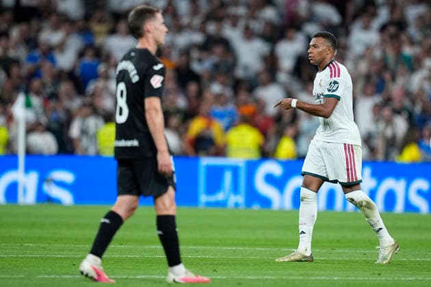 August 26, 2026, Madrid, Madrid, Spain: Kylian Mbappe of Real Madrid CF celebrates after scoring his team s first goal during the Spanish League, LaLiga EA Sports, football match played between Real Madrid and Real Sociedad at Bernabeu stadium on August 26, 2026, in Madrid, Spain. Madrid Spain - ZUMAa181 20260826_zaa_a181_133 Copyright: xOscarxJ.xBarrosox