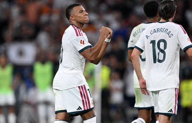 Real Madrid v Real Sociedad - La Liga MADRID, SPAIN - AUGUST 26 : Real Madrid footballer Kylian Mbappe celebrates after scoring a goal during the La Liga first-week match between Real Madrid and Real Sociedad at Santiago Bernabeu Stadium in Madrid, Spain on August 26, 2026. Burak Akbulut Anadolu Madrid Spain. Editorial use only. Please get in touch for any other usage.  Copyright: x2026xAnadoluxBurakxAkbulutx
