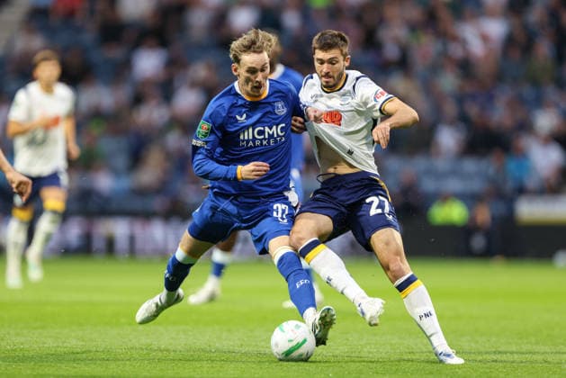 26th August 2026; Deepdale, Preston, England; Carabao Cup Football, Preston North End versus Everton; James Garner of Everton and Leo Leroy of Preston North End duel for the ball AidanxHunter