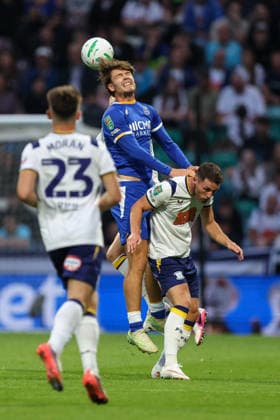 26th August 2026; Deepdale, Preston, England; Carabao Cup Football, Preston North End versus Everton; Tyler Dibling of Everton wins an aerial duel AidanxHunter