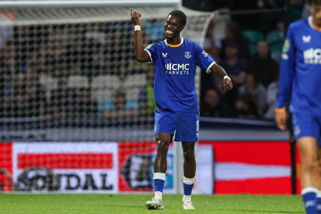 26th August 2026; Deepdale, Preston, England; Carabao Cup Football, Preston North End versus Everton; Thierno Barry of Everton celebrates after scoring in the 25th minute to make the score 0-1 AidanxHunter