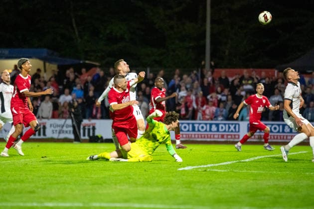 Robert Leipertz (GFC) is stopped at the last second by goalkeeper Niclas Müller (GER); Soccer, Men s, Northeast Regional League, 2026–2027 Season, Greifswalder FC vs. SV Babelsberg 03, Final Score 2–1